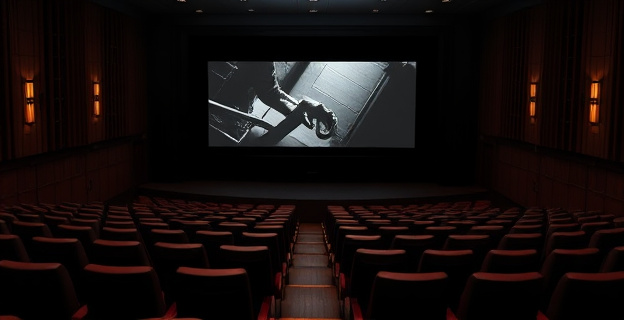 Una sala de cine vacía con una pantalla que muestra una película en blanco y negro, mientras en el fondo se ve un cartel de los Premios Goya. La iluminación es tenue y hay un ambiente de abandono.