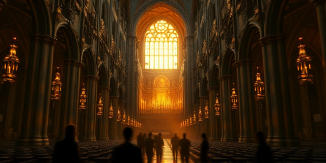 Una basílica gótica imponente con una luz dorada que irradia desde el altar. Un manto de sombras cubre la nave principal, sugiriendo figuras difusas. El ambiente es solemne y misterioso, con un toque de ironía visual. Estilo pictórico renacentista con elementos de realismo mágico.