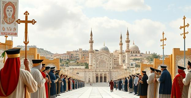 Imagen de un cartel vacío o sin cartel en un contexto de Semana Santa con elementos religiosos cristianos y musulmanes al fondo, representando la ciudad de Melilla