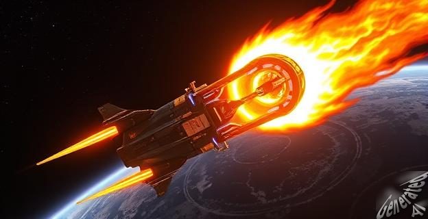 Ilustración de una nave espacial tipo Starship con un escudo térmico visible durante su reentrada en la atmósfera terrestre, mostrando colores intensos y llamas alrededor.