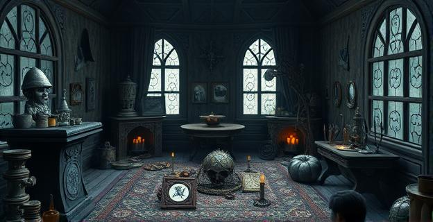 Una habitación con objetos rituales y fotografías utilizadas en brujería