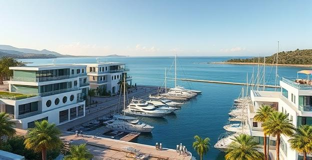 Una urbanización de lujo en Sotogrande con vistas al mar y un puerto deportivo donde se ven yates de recreo