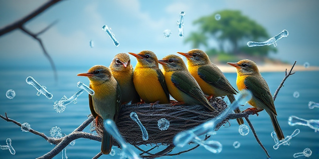 Un primer plano de un curruca de las Seychelles con una anilla de colores en su pata, rodeado de hojas tropicales, mientras una figura humana sostiene una taza de café y se muestra en segundo plano, simbolizando la conexión entre humanos y aves, sin mostrar caras específicas, en tonos cálidos y naturales