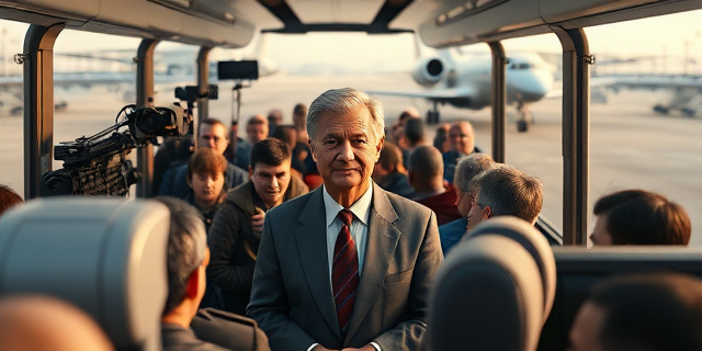 Un presidente rodeado de un equipo de comunicación y técnicos audiovisuales, con un avión y un coche oficial en el fondo, mientras la gente común se aprieta en un autobús