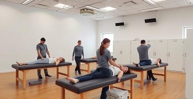 Una sala de estiramiento con camillas y profesionales realizando estiramientos asistidos a clientes en diferentes posiciones