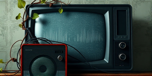 Una composición abstracta que evoca una pantalla de televisión rota, con fragmentos de noticias y titulares superpuestos. Los colores predominantes son el rojo, el negro y el gris, simbolizando la manipulación y la desinformación. El estilo artístico debe ser expresionista y caótico, transmitiendo una sensación de inquietud y desconfianza.