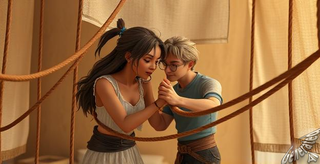 Una pareja en un entorno de juego de rol con cuerdas y máscaras, explorando límites y confianza.