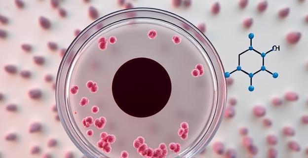 Imagen de una placa de Petri con colonias bacterianas y un disco de antibiótico en el centro, con una zona de inhibición grande alrededor. Al fondo, una representación molecular de la estructura de la pre-methylenomycin C lactone.