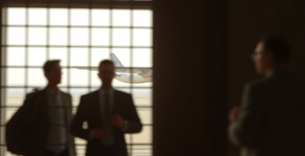 Una imagen conceptual que represente la libertad a medias, con figuras borrosas de personas detrás de una rejilla o una puerta cerrada, con un avión al fondo despegando o aterrizando.