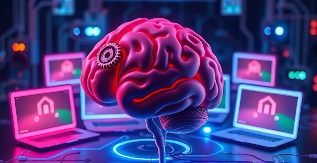 Una representación visual de un cerebro humano con engranajes y circuitos digitales en su interior, rodeado de pantallas y dispositivos digitales que emiten luces de colores, simbolizando la intersección entre la inteligencia humana y la tecnología.