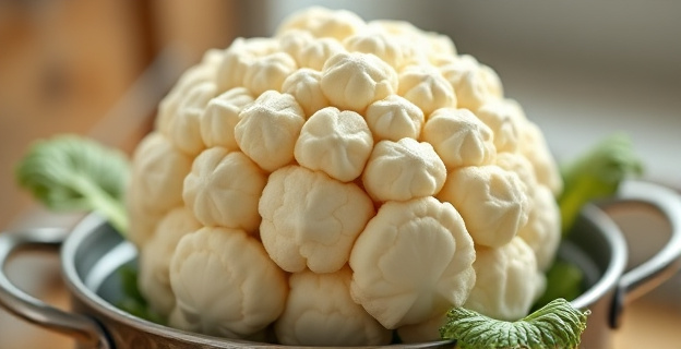 Una coliflor blanca y tersa en una olla destapada, con un toque de luz suave que resalta su textura