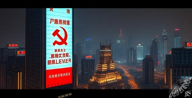 Una imagen de una proyección de mensajes anticomunistas en un edificio alto en Chongqing, China, con una ciudad iluminada al fondo.