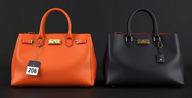 Imagen de un bolso de lujo junto a uno falso idéntico, con una etiqueta de precio visible que muestra una gran diferencia de precio entre ambos