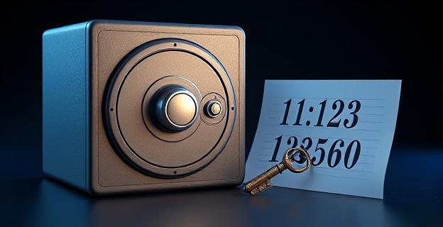 Una caja fuerte con una llave rota y un papel con una combinación de números al lado, en un fondo oscuro con tonos de azul y gris, representando la seguridad y la criptografía.