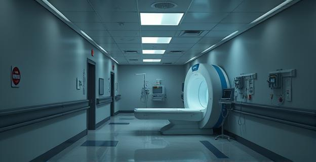 Un hospital con luces tenues y un pasillo desierto donde se ve una sala de resonancias magnéticas funcionando de noche