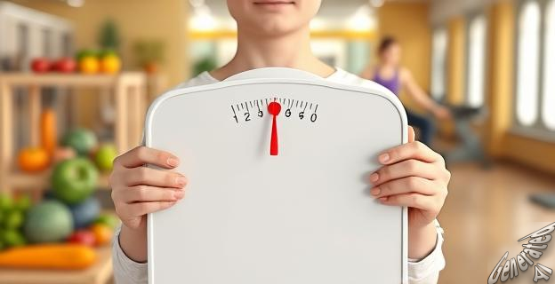 Una imagen de una persona sosteniendo una balanza con un fondo de alimentos saludables y una persona haciendo ejercicio en el gimnasio al fondo.
