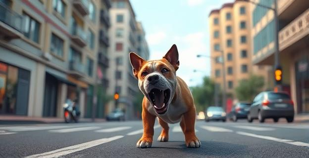 Una escena urbana mostrando un perro asustado en una calle con cámaras de seguridad en los postes