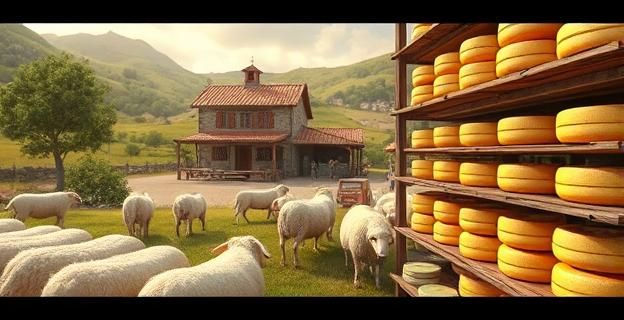 Paisaje manchego con quesería tradicional al fondo, ovejas pastando en primer plano y quesos madurando en estanterías de madera