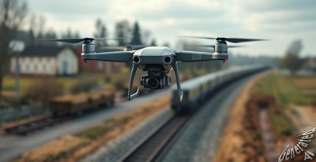 Un dron Shahed volando sobre un tren en movimiento en un paisaje rural ucraniano, con edificios y árboles al fondo.