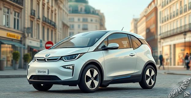 Un coche eléctrico pequeño y asequible en una ciudad europea, con un fondo de edificios urbanos y un cartel de precios en el escaparate de un concesionario.