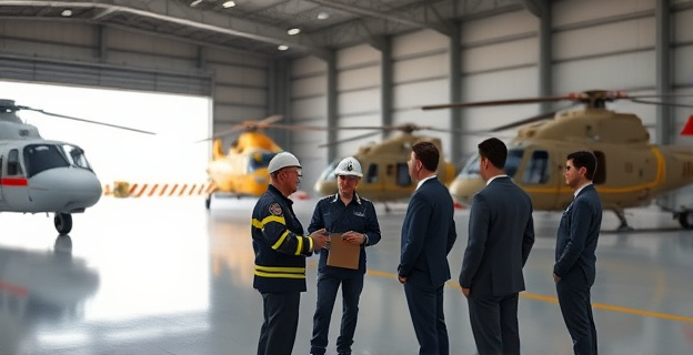 Una escena de inspección en un hangar de aviones y helicópteros de extinción de incendios, con funcionarios de la CNMC revisando documentos y equipos.