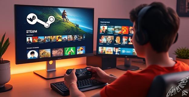 Una imagen de una persona jugando un videojuego independiente en un ordenador, con una pantalla de Steam abierta mostrando numerosos juegos disponibles.