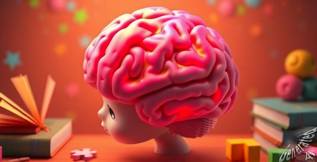 Imagen de un cerebro infantil con áreas de memoria resaltadas en colores brillantes, rodeado de elementos que representan aprendizaje y desarrollo cognitivo como libros y rompecabezas