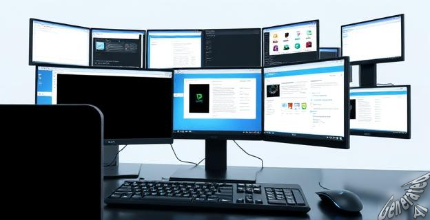 Una imagen de una pantalla de ordenador con varias ventanas organizadas en bloques que no se superponen, con un teclado y un ratón en primer plano.