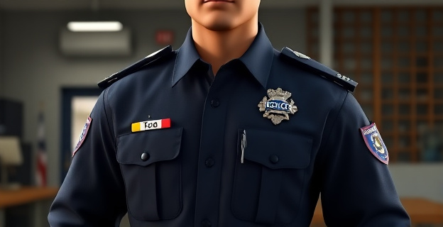 Imagen de un policía en uniforme con una placa al lado con el nombre 