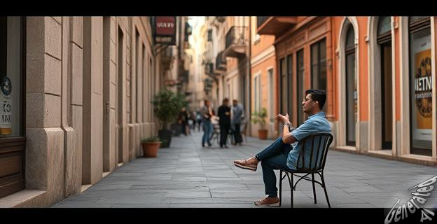 Una imagen de una persona sentada en una silla en la calle, con una mesa y un grupo de personas charlando en la distancia, en un entorno urbano español.
