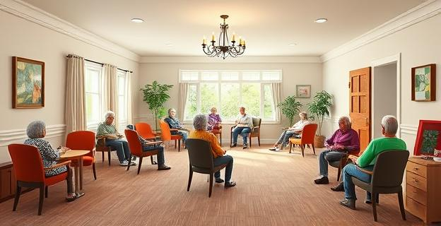 Imagen de una residencia para mayores con un entorno tranquilo y actividades para residentes, como yoga en silla y bingo, sin incluir personas ni nombres propios.