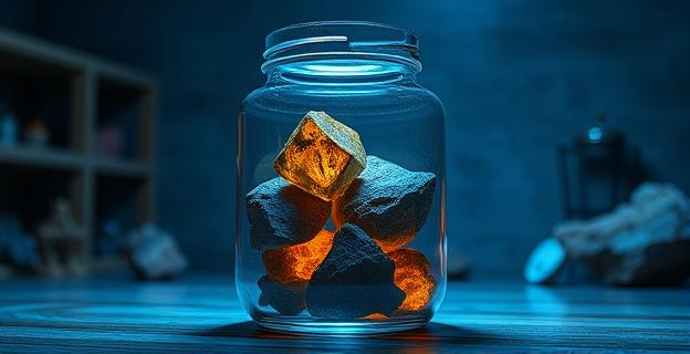 Un frasco de vidrio que contiene piedras y uranio bajo luz ultravioleta en una habitación con minerales y rocas en el fondo.