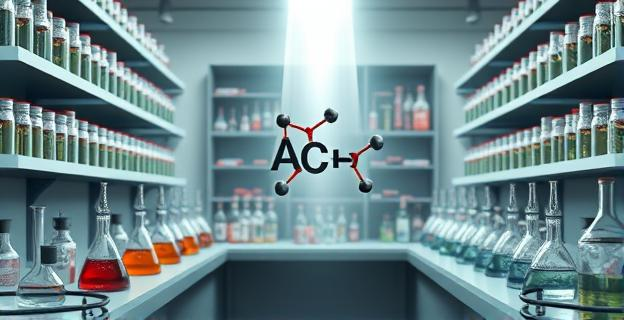 Un laboratorio con estantes repletos de frascos de vidrio etiquetados y matraces burbujeantes, con una molécula de acetilcisteína flotando prominentemente en el centro de un haz de luz. El fondo muestra un esquema abstracto y dinámico de vías metabólicas hepáticas.