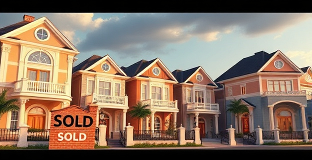 Una imagen de una fila de viviendas de lujo con un letrero de 