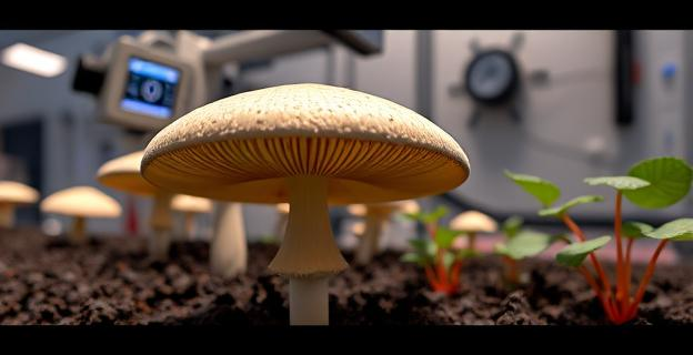 Imagen de un hongo comestible creciendo en un entorno de laboratorio con equipo de edición genética CRISPR al fondo