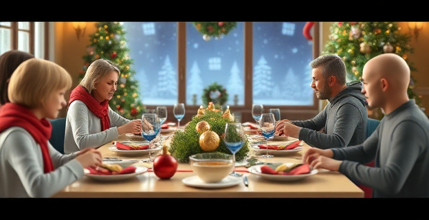 Una mesa navideña con platos típicos y personas disfrutando de la comida, con un fondo de decoraciones navideñas y un ambiente acogedor