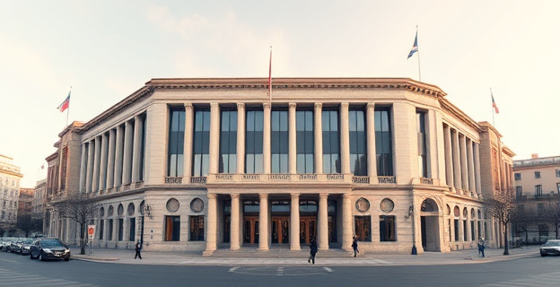 Edificio institucional en Madrid con fachada imponente y diseño moderno, ubicado en una zona céntrica y rodeado de elementos culturales y gubernamentales, con un ambiente de seriedad y profesionalismo.