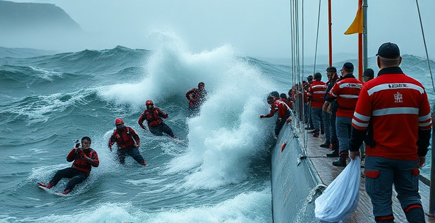 Una imagen que represente el caos y el riesgo en el mar y en la frontera de Ceuta durante un temporal, con personas intentando cruzar y guardias civiles rescatando a los inmigrantes en medio de olas altas y viento fuerte.
