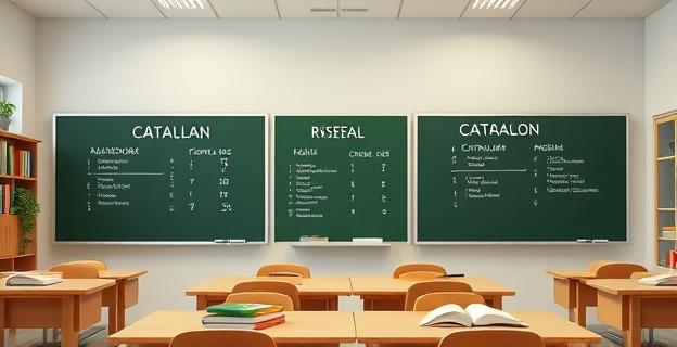 Una imagen de un aula con libros y pizarras en catalán y español, mostrando materiales educativos bilingües en un entorno escolar neutro, sin personas ni nombres propios visibles.