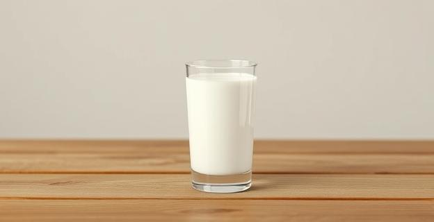 Un vaso de leche sobre una mesa de madera con un fondo neutro, representando la calma y la naturalidad en el consumo de lácteos.