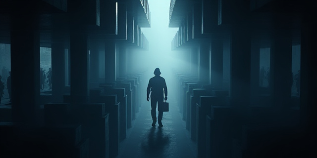 Un laberinto de sombras y luces, con una figura central protegida por un halo de agentes difusos. En el fondo, siluetas desvanecidas que representan la vulnerabilidad y la desigualdad. Paleta de colores fríos, con toques de rojo que simbolizan la urgencia y la injusticia. Estilo pictórico expresionista.