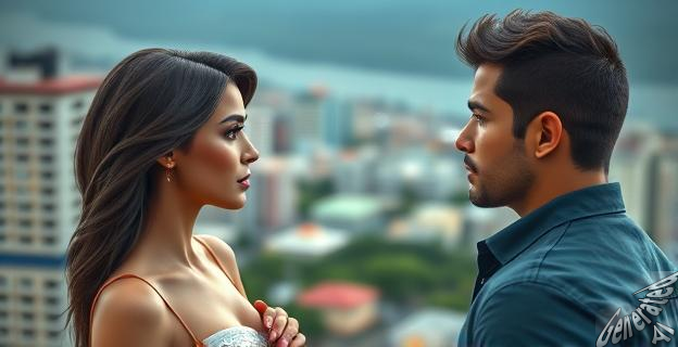 Una imagen de una mujer hermosa mirando seductora a un hombre atractivo, con un fondo de una ciudad colombiana