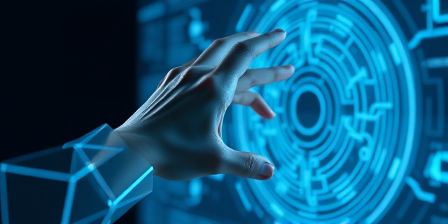 Una mano intentando alcanzar una pantalla digital con un laberinto intrincado en su superficie. Tonos fríos, azules y grises. Estilo futurista abstracto.