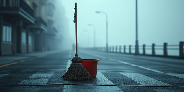 Una imagen conceptual y cinematográfica. En primer plano, una escoba y un cubo de limpieza abandonados en una calle vacía y gris de una ciudad costera. Al fondo, sombras difusas y una atmósfera de tensión y neblina. Estilo hiperrealista, iluminación dramática de madrugada, colores fríos que transmitan soledad y desamparo.