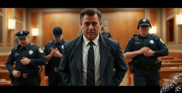 Un hombre en traje y corbata es llevado esposado por la policía, con un fondo de una sala de tribunal.