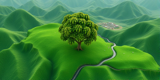 Un mapa de la República Dominicana con un gran árbol de café en el centro, rodeado de montañas y valles verdes, con una carretera serpenteante que conduce a un pueblo pequeño en la distancia
