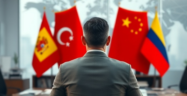 Imagen de un hombre (sin mostrar la cara) en un despacho con papeles y documentos, rodeado de banderas de diferentes países (España, Marruecos, China, Venezuela) y un fondo con conexiones globales y redes de influencia.