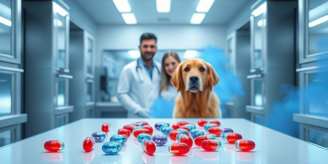 Un laboratorio veterinario luminoso con perros de distintas razas en una sala de pruebas; una mesa de vidrio sostiene una caja de pastillas de color blanco; un científico observa una pantalla con datos de un ensayo clínico; iluminación natural y ambiente de investigación.