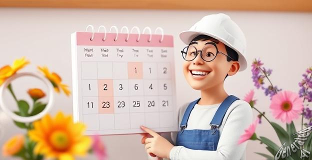 Una imagen de un trabajador sonriendo mientras mira un calendario con cuatro días marcados en una semana, rodeado de flores y plantas que simbolizan el bienestar y la salud mental.