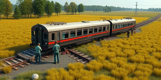 Un tren descarrilado en un campo con restos de vagones y personas alrededor